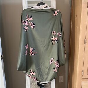 Olive Green Floral Kimono with Pink Accent